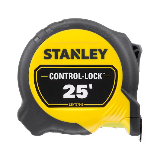 The STANLEY 25 ft. CONTROL-LOCK™ Tape Measure features a durable yellow and black design, offering reliable precision for measuring tasks.